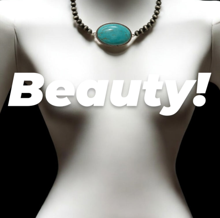 15" to 20" Long, Handmade 8mm Navajo Bead Necklace with Oval Turquoise Pendant  734337