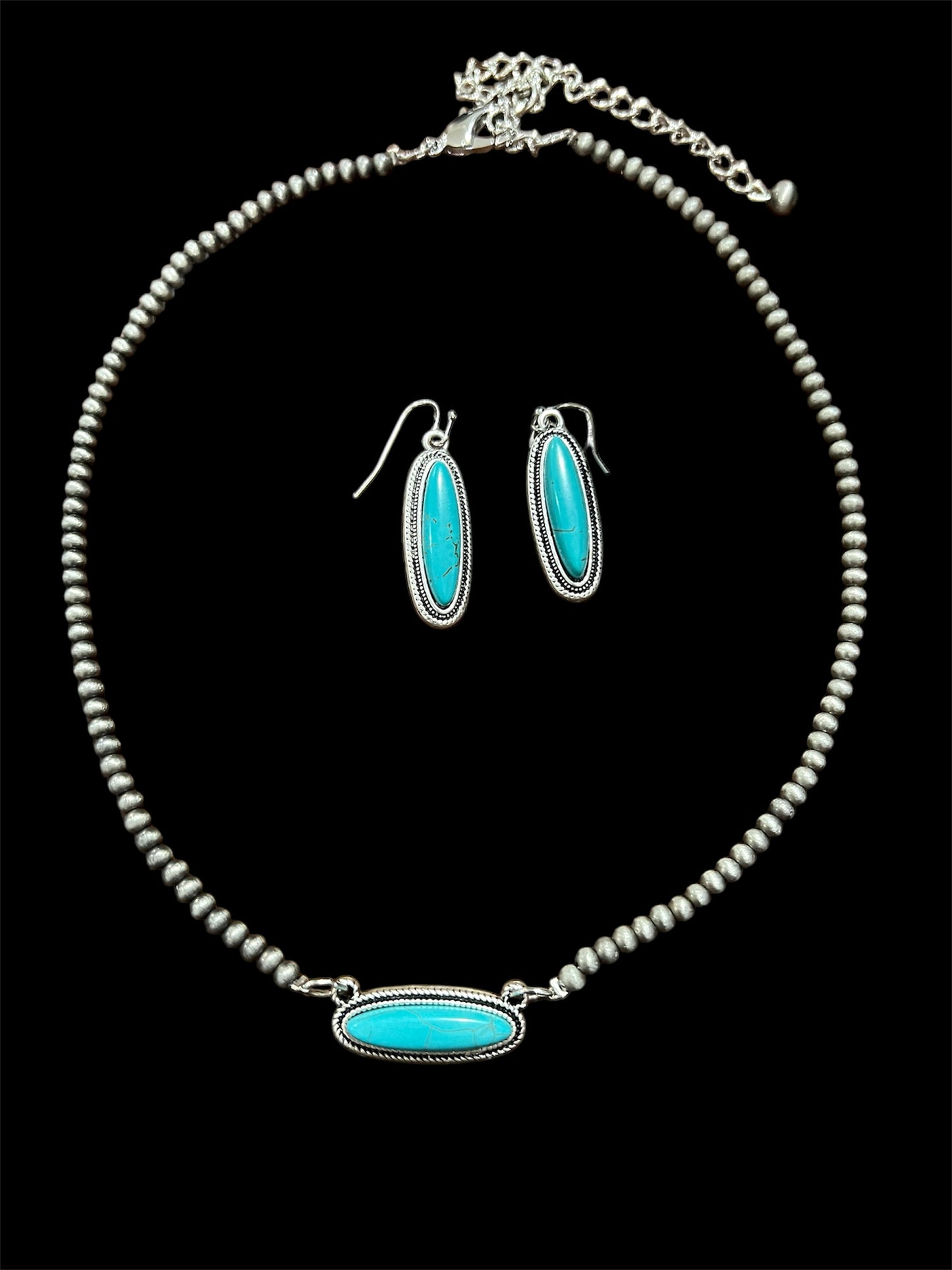 Handmade 4mm Navajo Bead Necklace Set  With Genuine Turquoise Pendant & Matching Earrings 736148