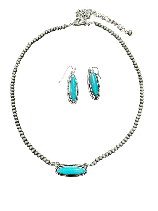 Handmade 4mm Navajo Bead Necklace Set  With Genuine Turquoise Pendant & Matching Earrings 736148