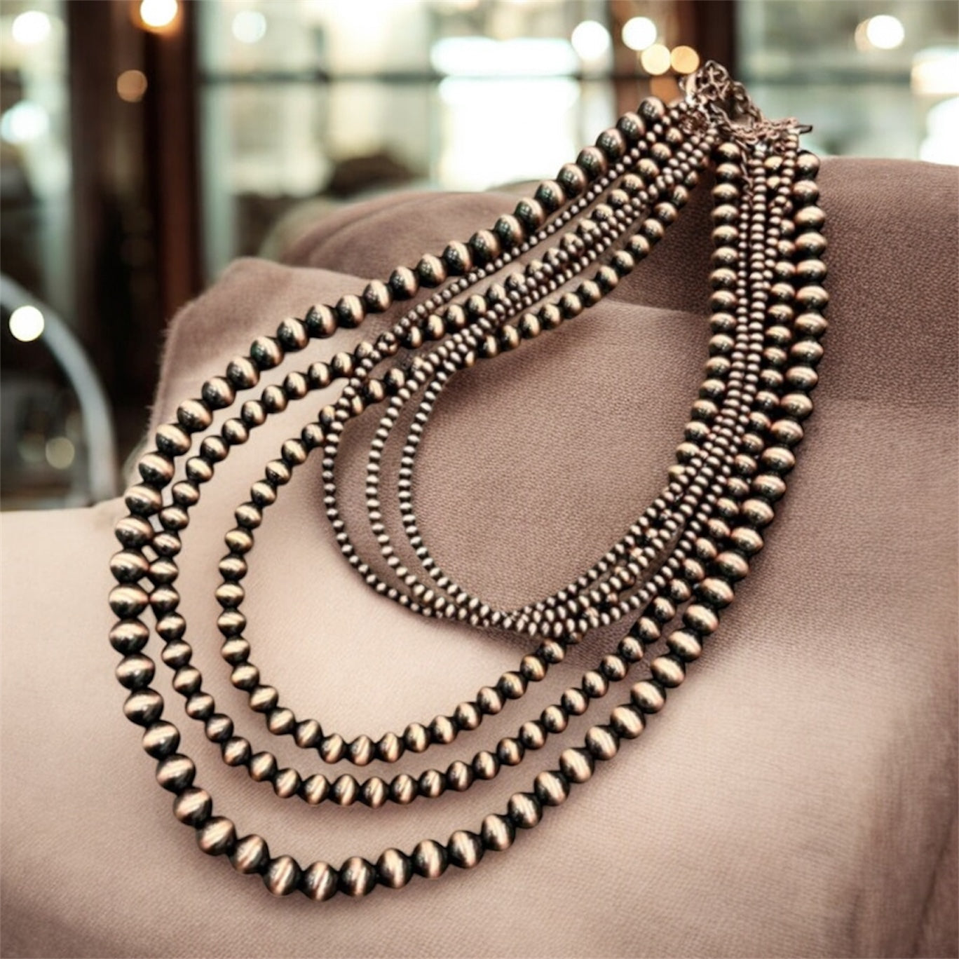 Long, Handmade 6-Strand Copper Navajo Bead Necklace, Layered Western Cowgirl Jewelry, Boho Southwestern Statement Necklace736611