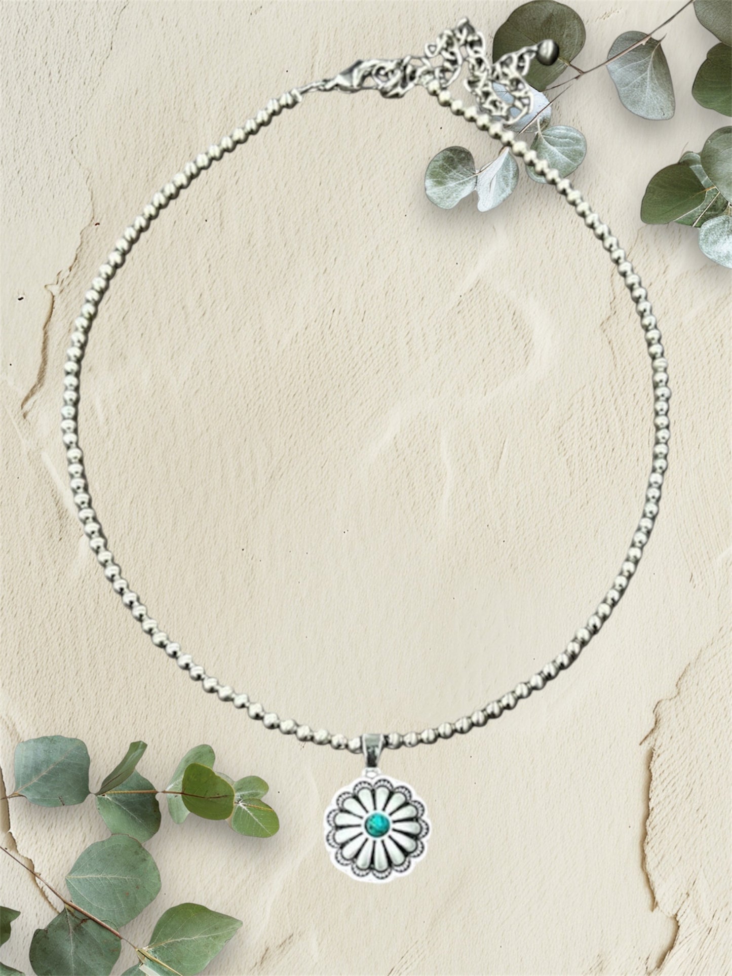 15" to 20" Long, Tiny 4mm Silver Navajo Bead Necklace with Brass Concho Turquoise Pendant – Handmade, Lightweight, Western Style 737205