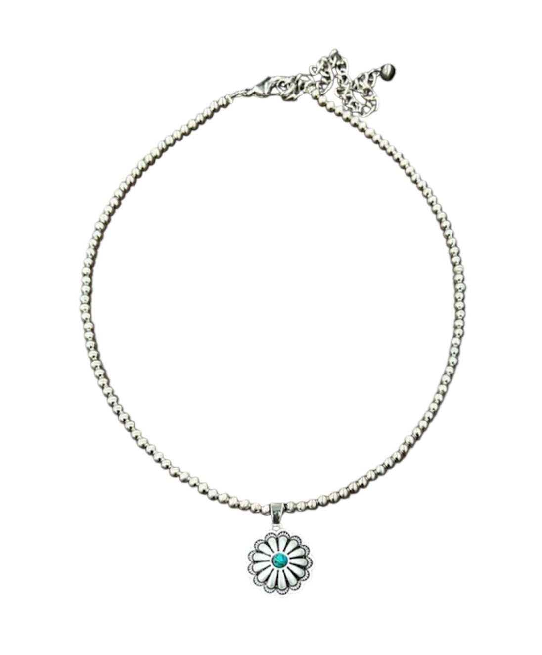 15" to 20" Long, Tiny 4mm Silver Navajo Bead Necklace with Brass Concho Turquoise Pendant – Handmade, Lightweight, Western Style 737205