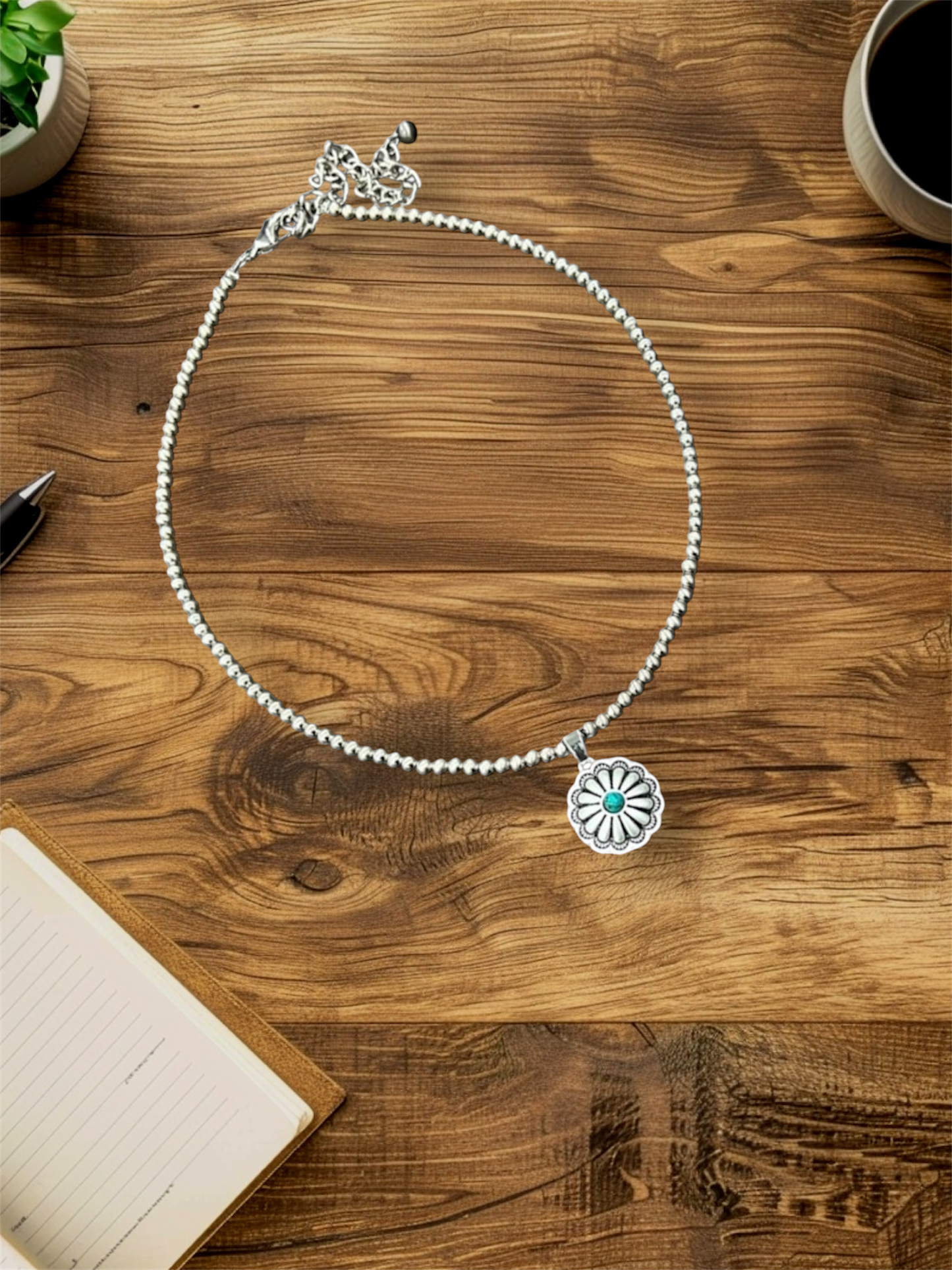 15" to 20" Long, Tiny 4mm Silver Navajo Bead Necklace with Brass Concho Turquoise Pendant – Handmade, Lightweight, Western Style 737205