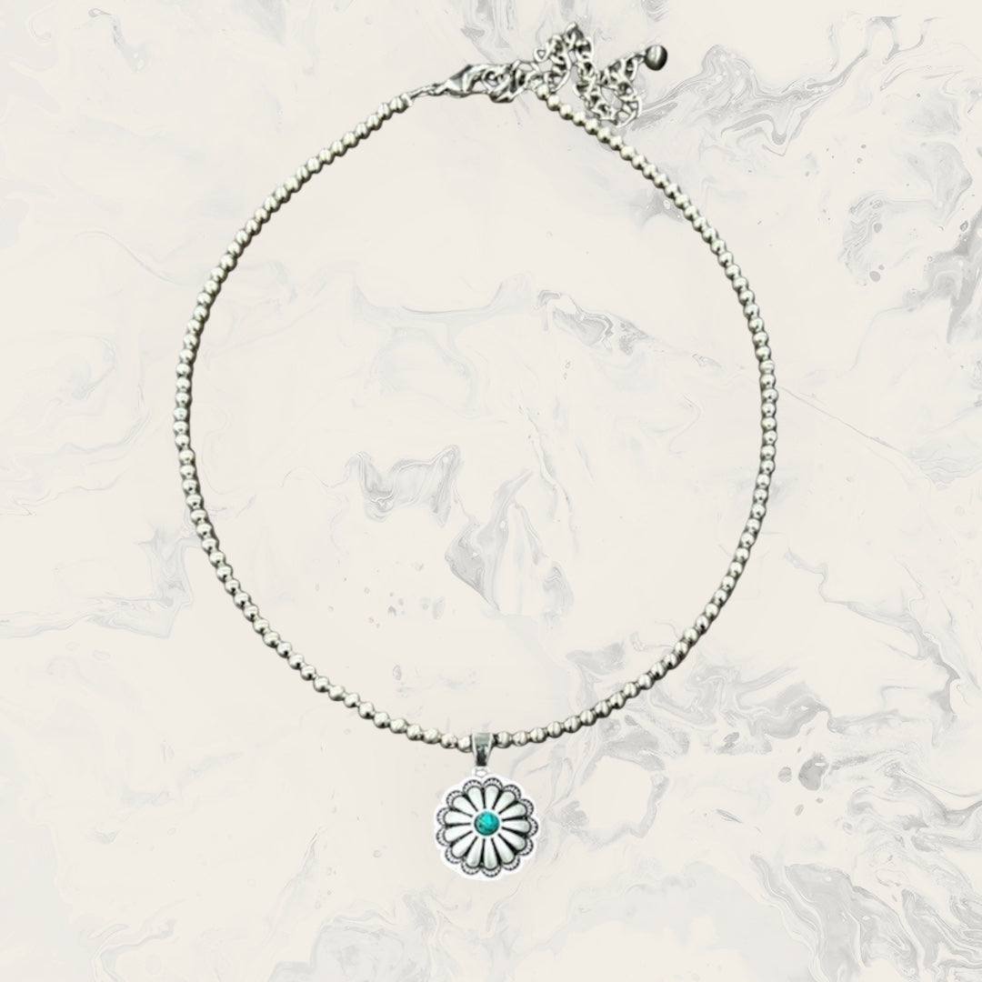 15" to 20" Long, Tiny 4mm Silver Navajo Bead Necklace with Brass Concho Turquoise Pendant – Handmade, Lightweight, Western Style 737205