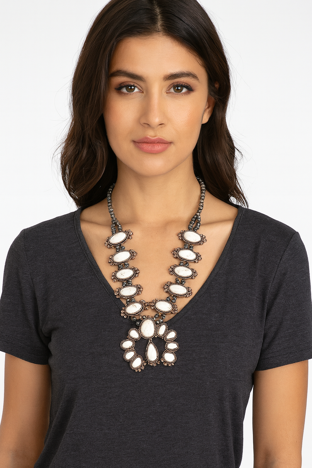 30" Long, Handmade Full Squash Blossom White Turquoise & Copper Navajo Bead Necklace 737873-1