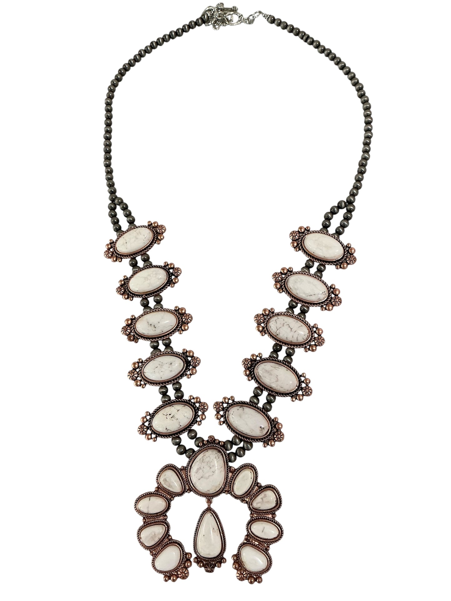 30" Long, Handmade Full Squash Blossom White Turquoise & Copper Navajo Bead Necklace 737873-1