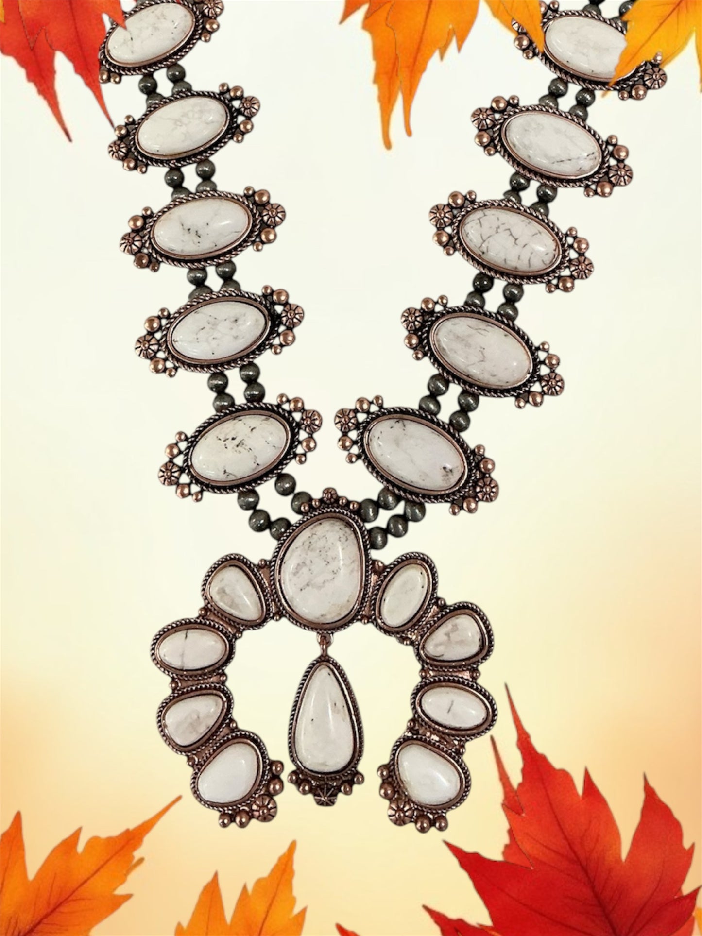 30" Long, Handmade Full Squash Blossom White Turquoise & Copper Navajo Bead Necklace 737873-1