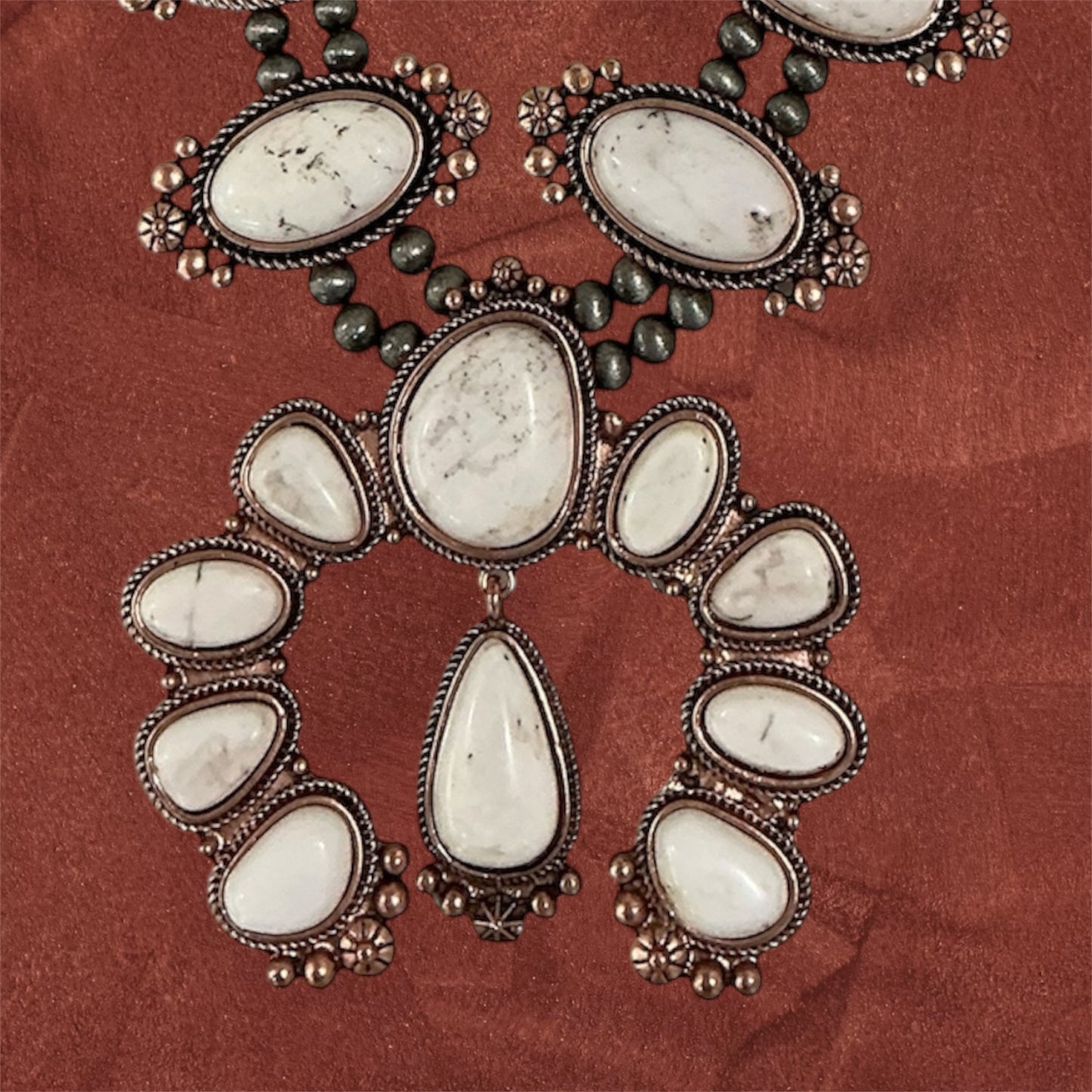30" Long, Handmade Full Squash Blossom White Turquoise & Copper Navajo Bead Necklace 737873-1