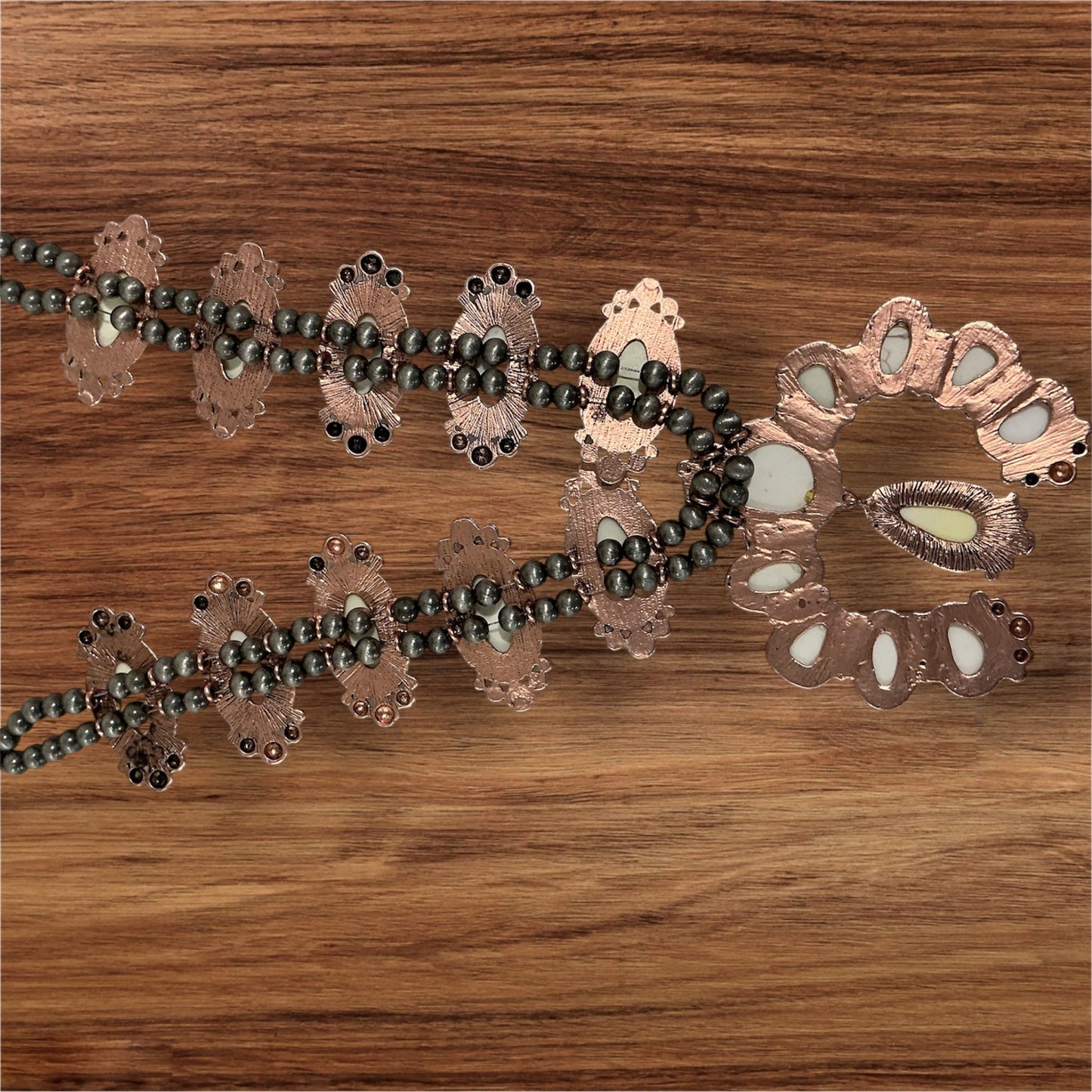 30" Long, Handmade Full Squash Blossom White Turquoise & Copper Navajo Bead Necklace 737873-1