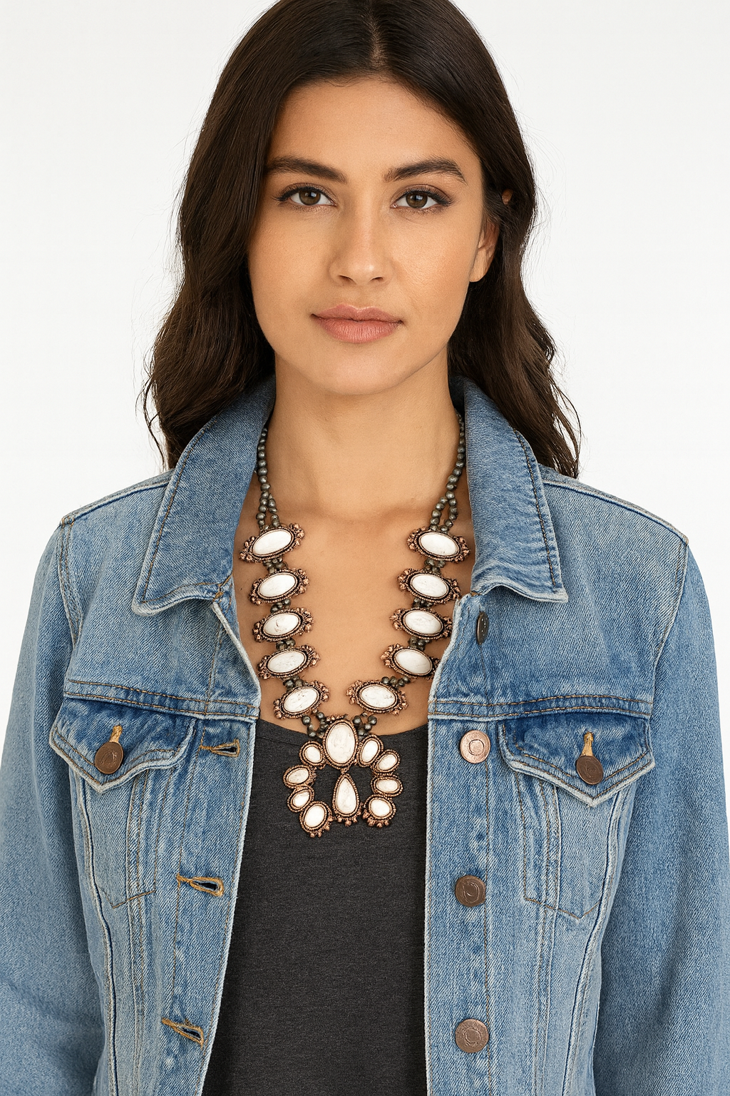 30" Long, Handmade Full Squash Blossom White Turquoise & Copper Navajo Bead Necklace 737873-1