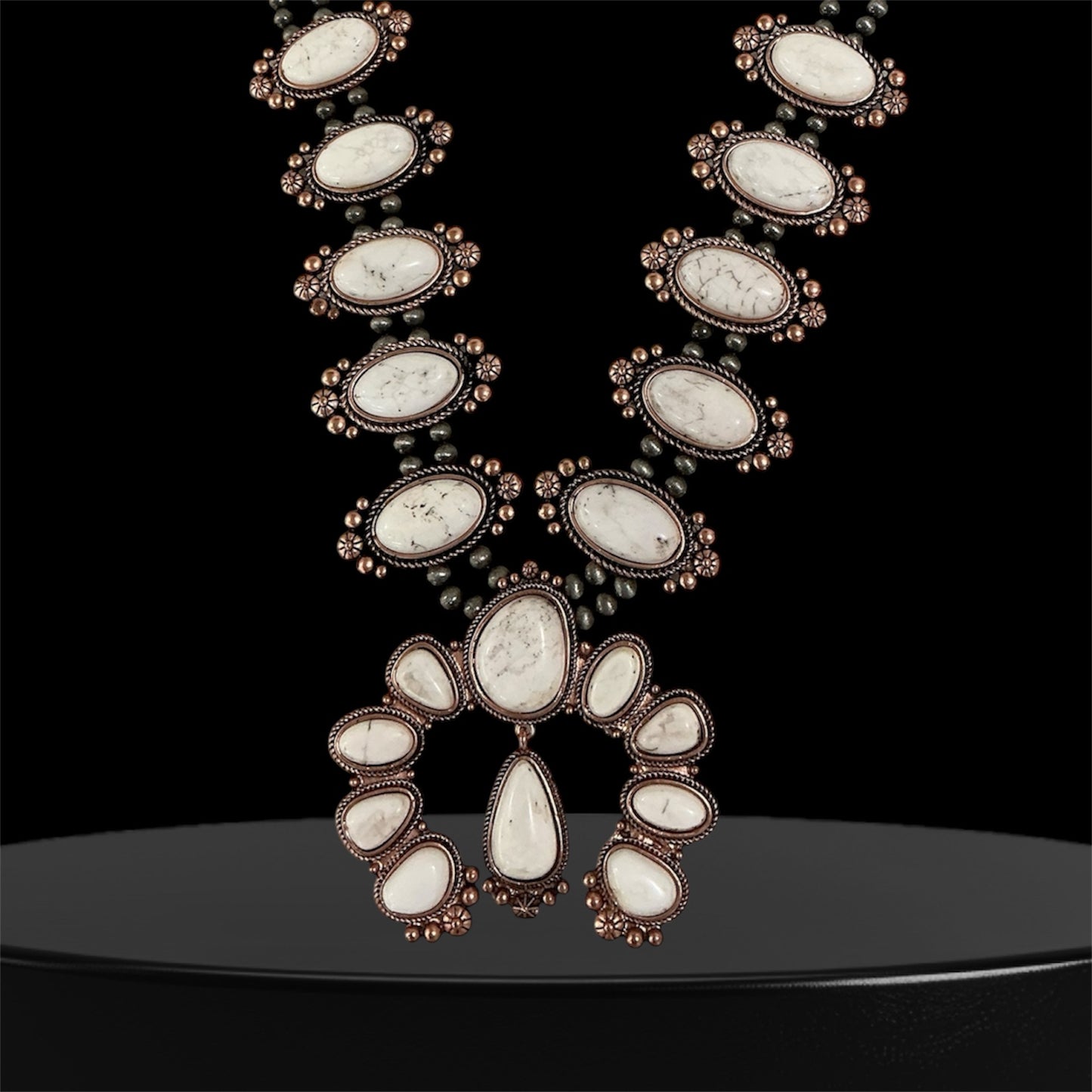 30" Long, Handmade Full Squash Blossom White Turquoise & Copper Navajo Bead Necklace 737873-1