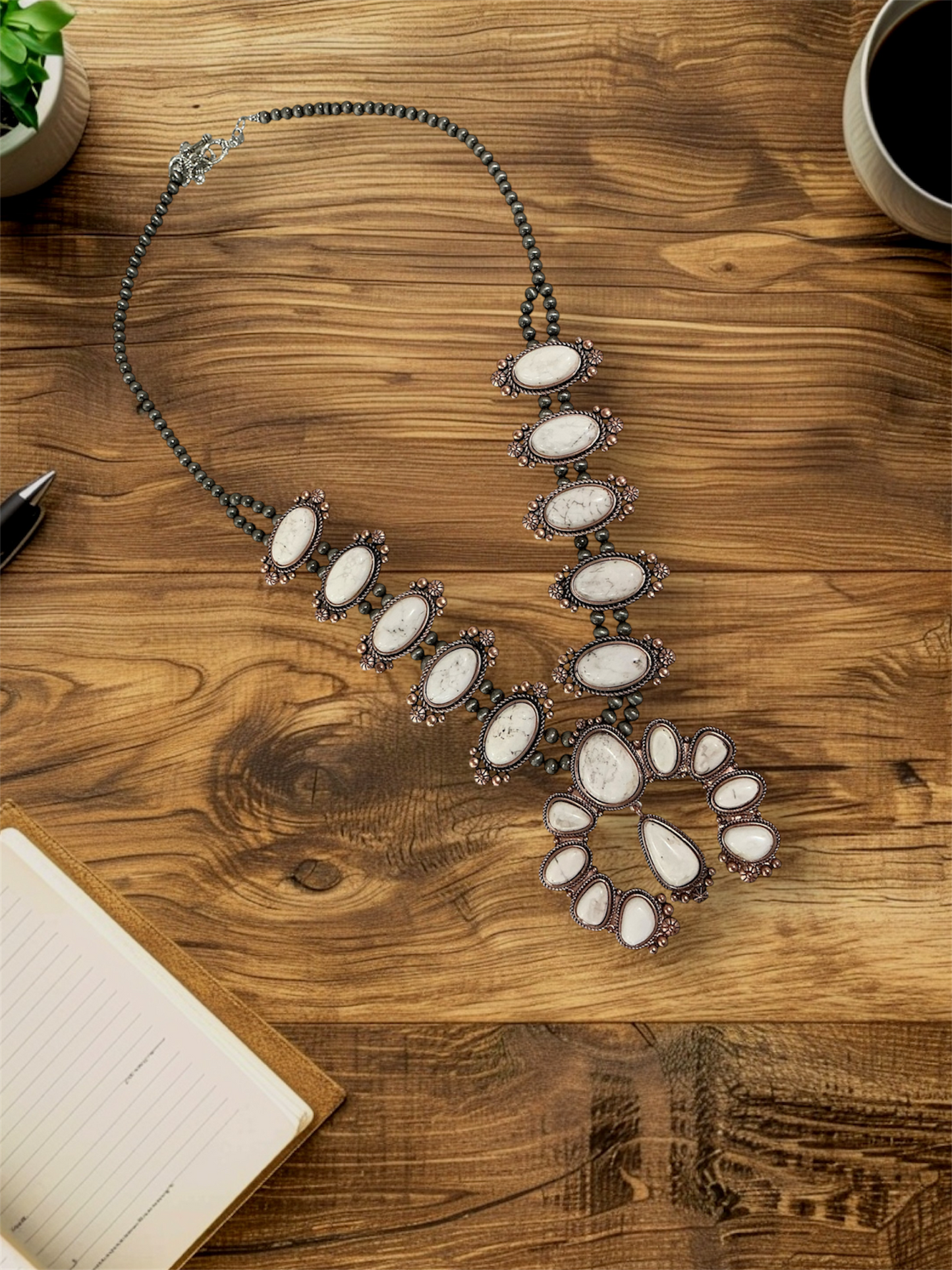 30" Long, Handmade Full Squash Blossom White Turquoise & Copper Navajo Bead Necklace 737873-1