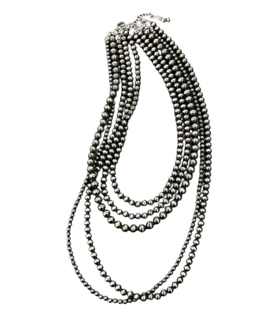 Handmade 5-Strand Polish Navajo Bead Necklace, 30"–35" Long Layered Silver Bead Western Cowgirl Jewelry, Boho Rodeo Statement Necklace738214
