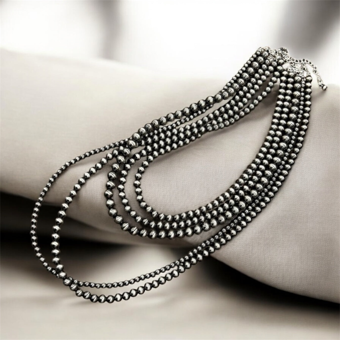Handmade 5-Strand Polish Navajo Bead Necklace, 30"–35" Long Layered Silver Bead Western Cowgirl Jewelry, Boho Rodeo Statement Necklace738214