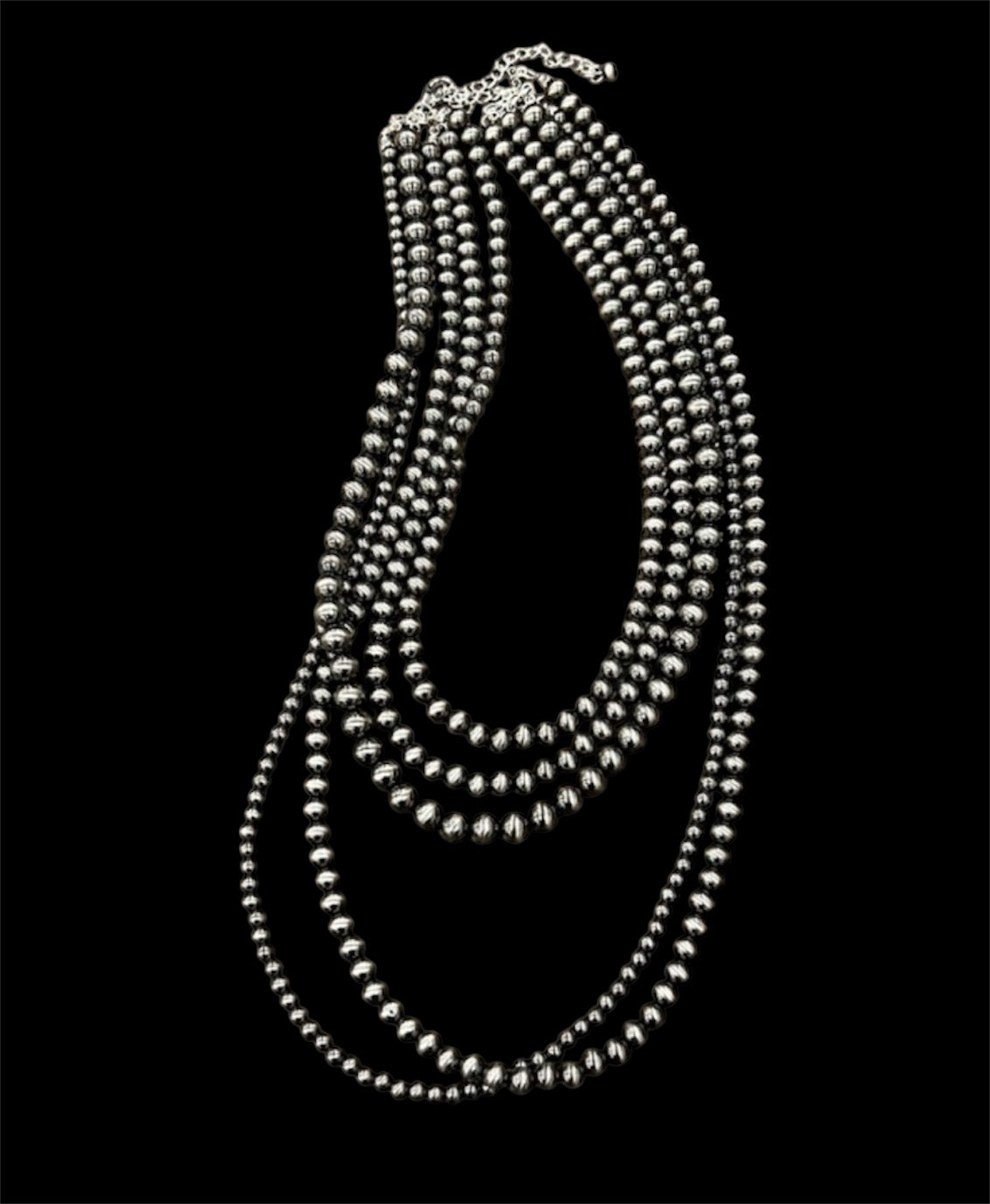 Handmade 5-Strand Polish Navajo Bead Necklace, 30"–35" Long Layered Silver Bead Western Cowgirl Jewelry, Boho Rodeo Statement Necklace738214