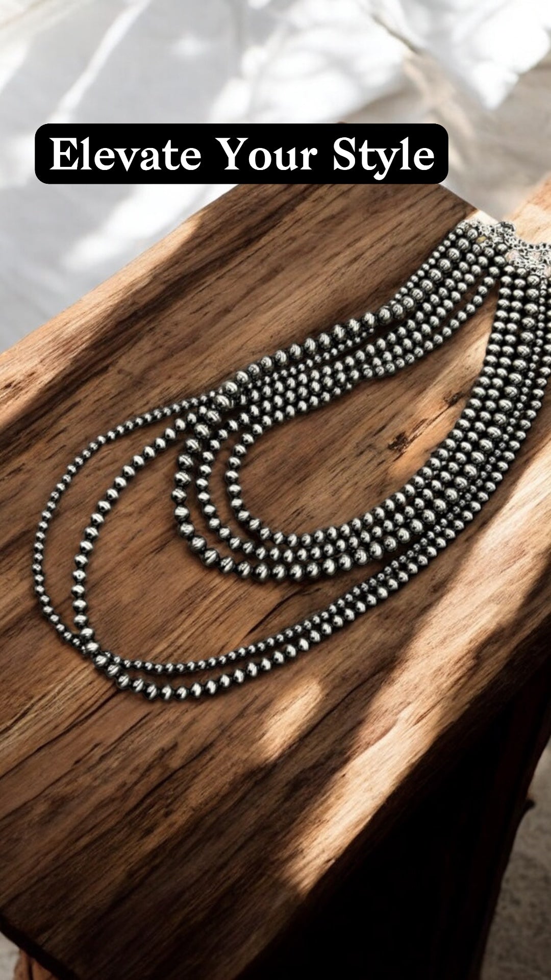 Handmade 5-Strand Polish Navajo Bead Necklace, 30"–35" Long Layered Silver Bead Western Cowgirl Jewelry, Boho Rodeo Statement Necklace738214