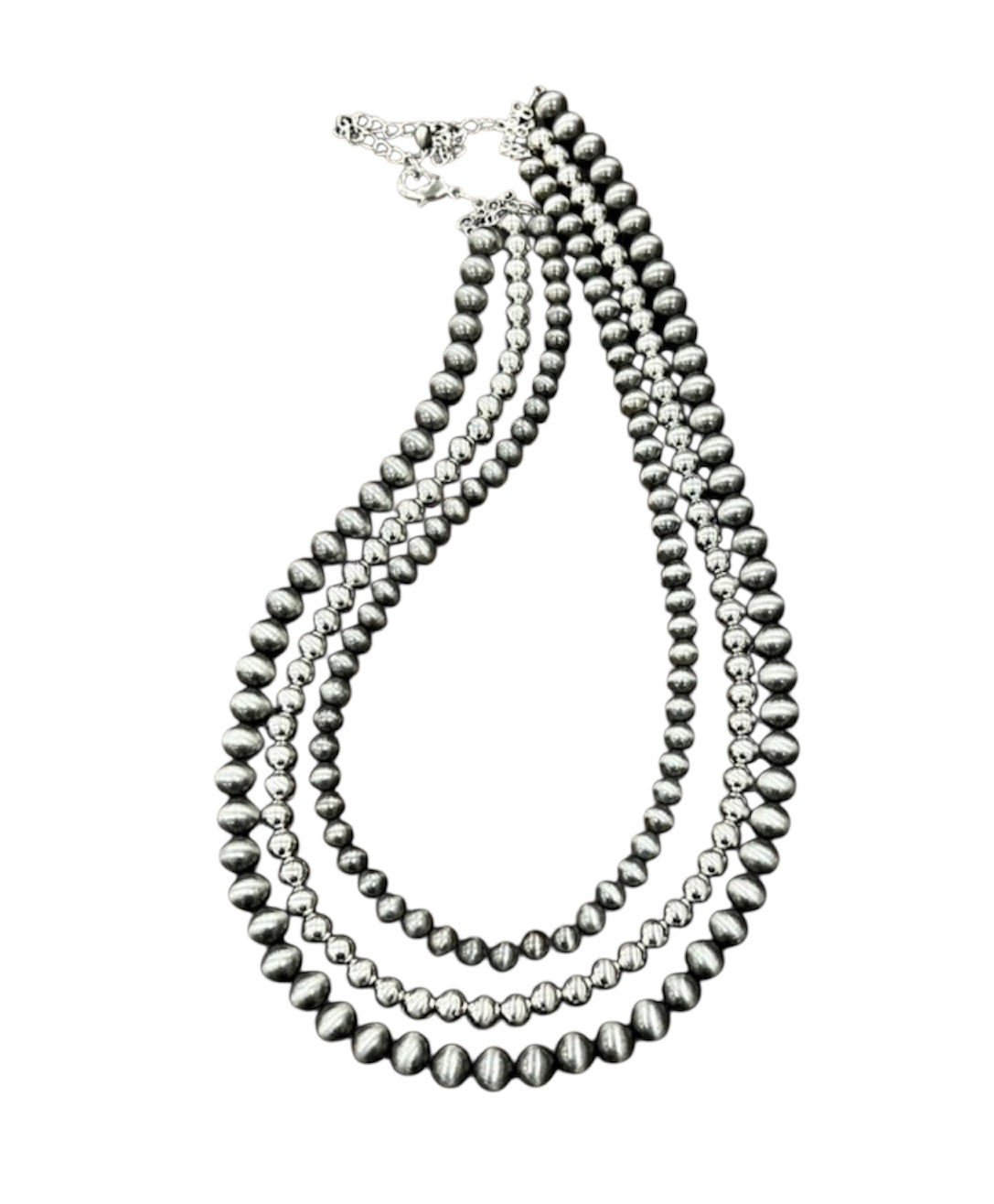 Handmade 3-Strand Silver & Navajo Bead Necklace, Western Boho Cowgirl Jewelry, Layered Polished Silver Bead Necklace 738350