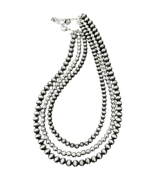 Handmade 3-Strand Silver & Navajo Bead Necklace, Western Boho Cowgirl Jewelry, Layered Polished Silver Bead Necklace 738350