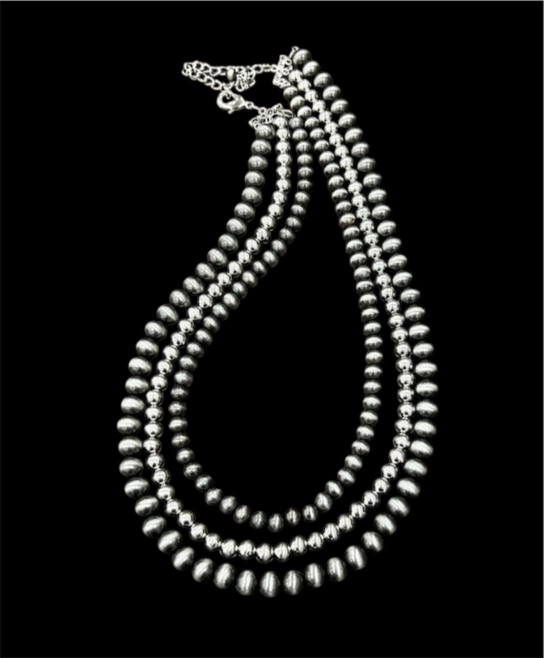 Handmade 3-Strand Silver & Navajo Bead Necklace, Western Boho Cowgirl Jewelry, Layered Polished Silver Bead Necklace 738350