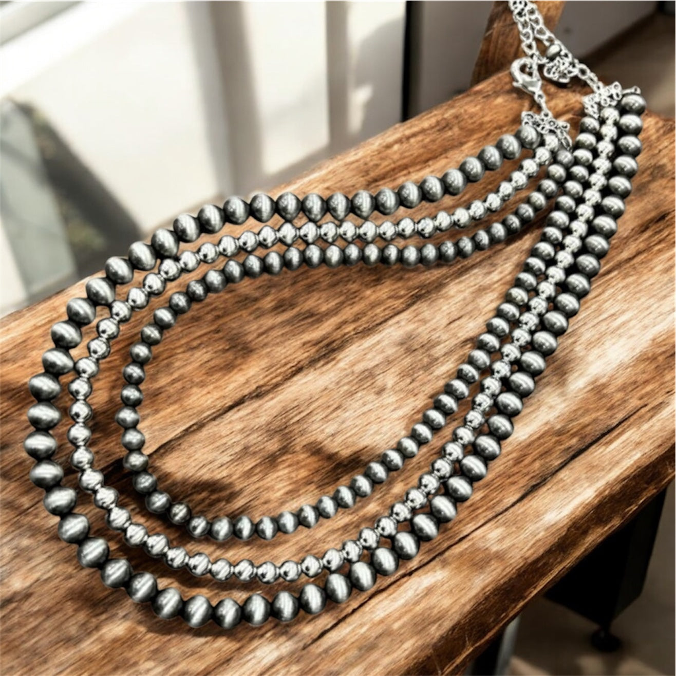 Handmade 3-Strand Silver & Navajo Bead Necklace, Western Boho Cowgirl Jewelry, Layered Polished Silver Bead Necklace 738350