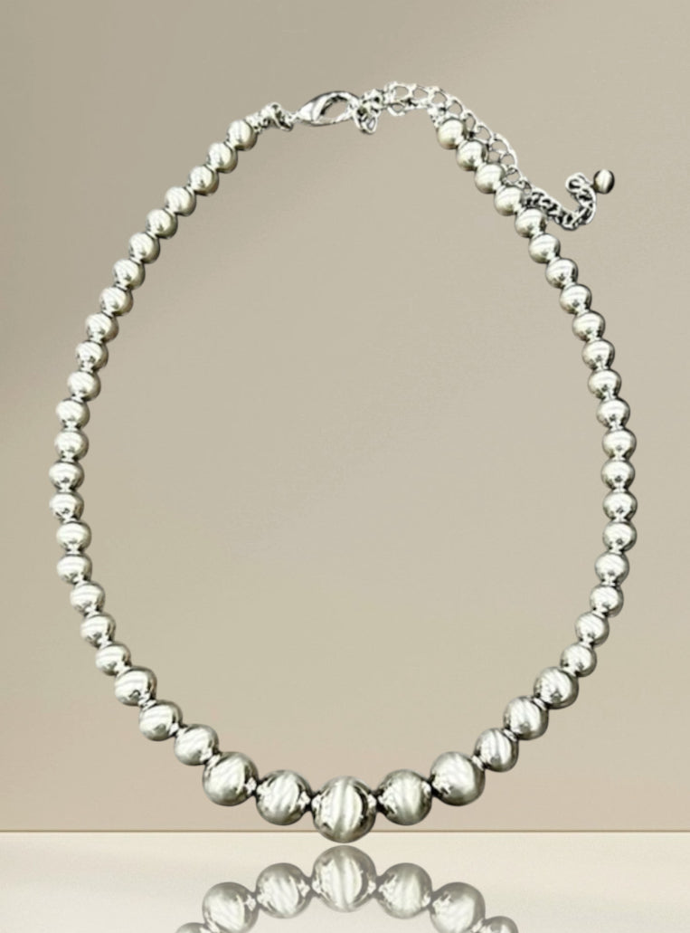 Big! Graduated Silver Navajo Bead Necklace, 16"-21" Adjustable, 8mm–14mm Beads, Handmade Western Statement Jewelry 739284