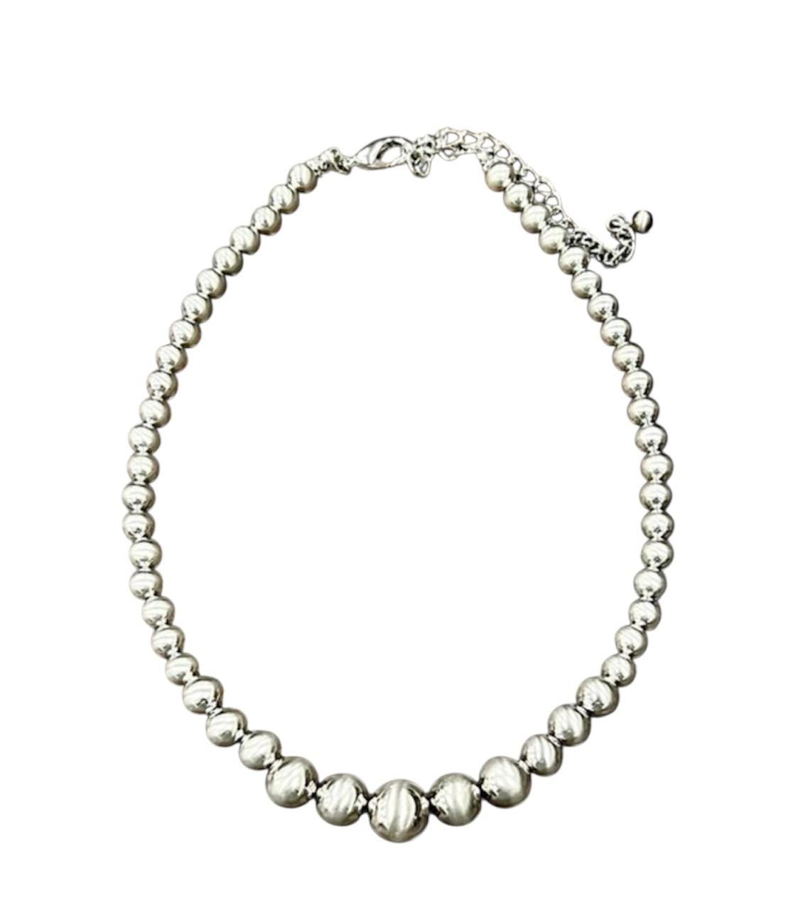 Big! Graduated Silver Navajo Bead Necklace, 16"-21" Adjustable, 8mm–14mm Beads, Handmade Western Statement Jewelry 739284