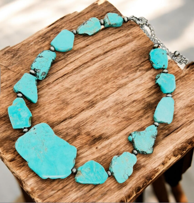 Handmade Graduated Slab Turquoise Necklace | 18" to 23" Long Natural Stone Western Boho Statement Jewelry739362
