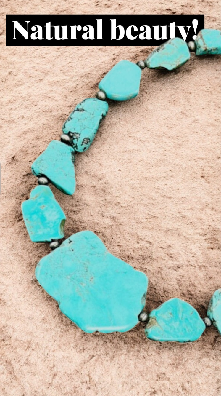 Handmade Graduated Slab Turquoise Necklace | 18" to 23" Long Natural Stone Western Boho Statement Jewelry739362