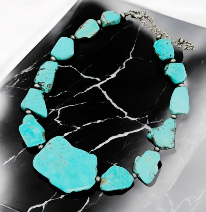 Handmade Graduated Slab Turquoise Necklace | 18" to 23" Long Natural Stone Western Boho Statement Jewelry739362