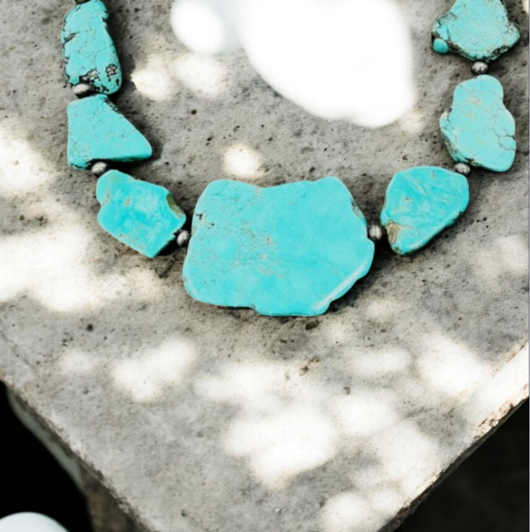 Handmade Graduated Slab Turquoise Necklace | 18" to 23" Long Natural Stone Western Boho Statement Jewelry739362