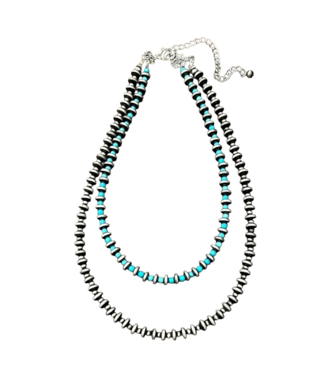 20" to 25" Long, Handmade 2-Strand 8mm Rondelle Navajo Bead & 4mm Synthetic Turquoise 739511ecklace