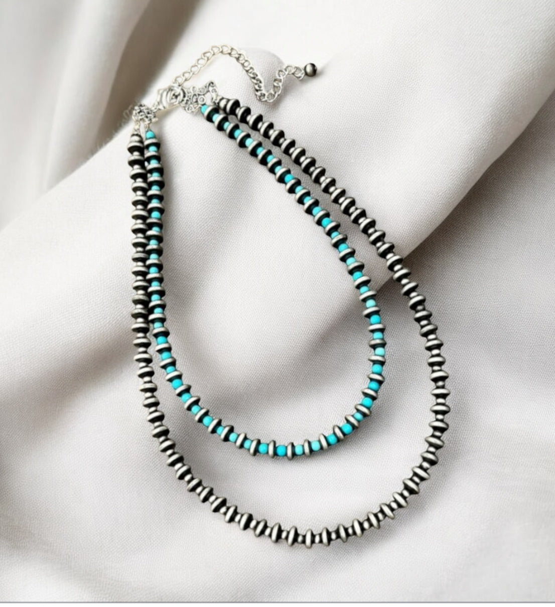 20" to 25" Long, Handmade 2-Strand 8mm Rondelle Navajo Bead & 4mm Synthetic Turquoise 739511ecklace