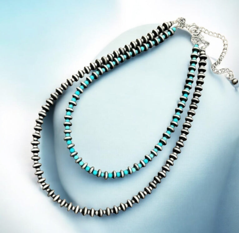 20" to 25" Long, Handmade 2-Strand 8mm Rondelle Navajo Bead & 4mm Synthetic Turquoise 739511ecklace