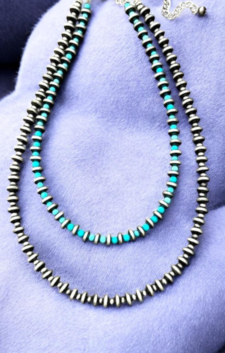 20" to 25" Long, Handmade 2-Strand 8mm Rondelle Navajo Bead & 4mm Synthetic Turquoise 739511ecklace