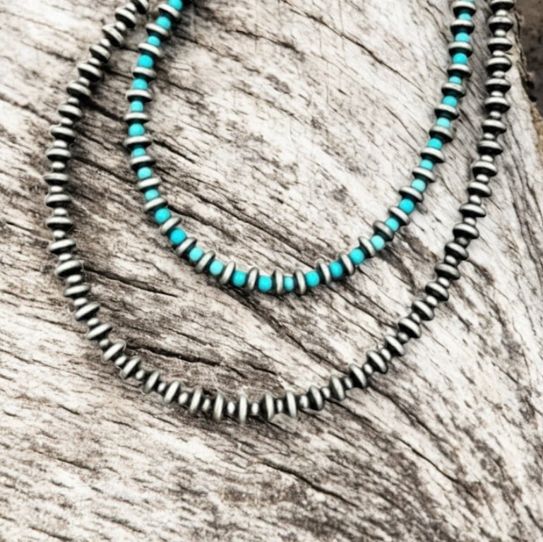 20" to 25" Long, Handmade 2-Strand 8mm Rondelle Navajo Bead & 4mm Synthetic Turquoise 739511ecklace