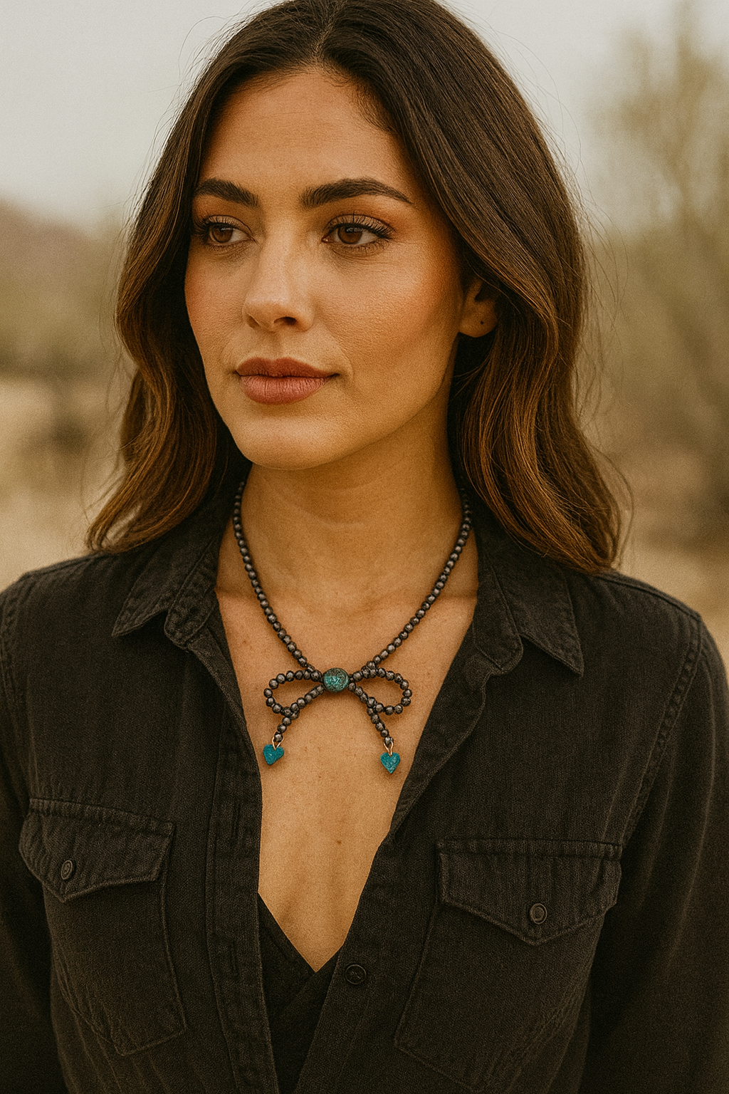 Handmade Bow Tiny 4mm Polish Navajo Bead & Gemstone Necklace, Adjustable 15"-20", 10mm739538 Rondelle & 6mm Heart Gemstones, Nickel Free