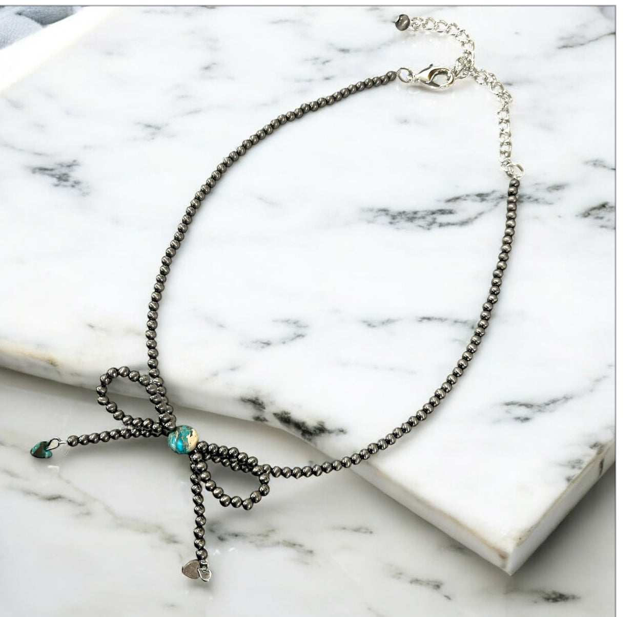 Handmade Bow Tiny 4mm Polish Navajo Bead & Gemstone Necklace, Adjustable 15"-20", 10mm739538 Rondelle & 6mm Heart Gemstones, Nickel Free