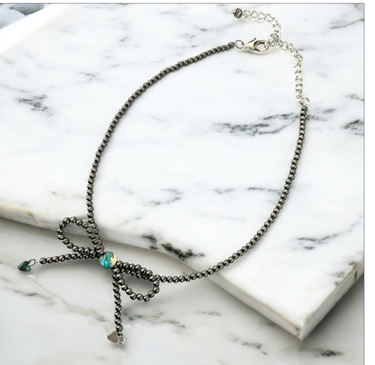 Handmade Bow Tiny 4mm Polish Navajo Bead & Gemstone Necklace, Adjustable 15"-20", 10mm739538 Rondelle & 6mm Heart Gemstones, Nickel Free