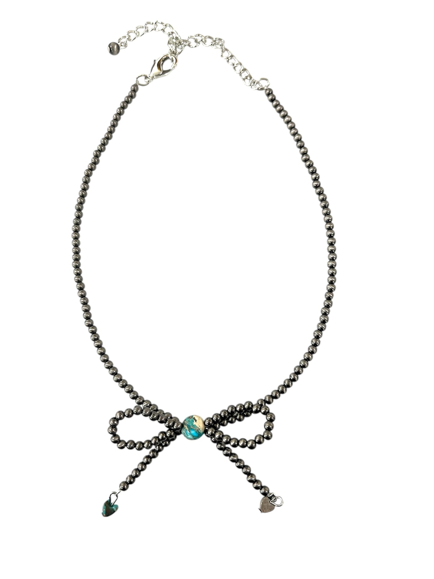 Handmade Bow Tiny 4mm Polish Navajo Bead & Gemstone Necklace, Adjustable 15"-20", 10mm739538 Rondelle & 6mm Heart Gemstones, Nickel Free