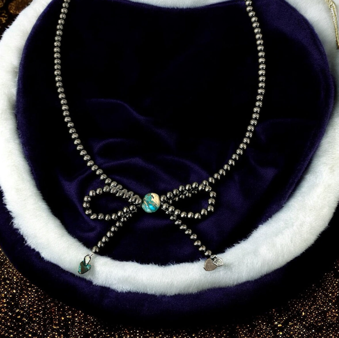 Handmade Bow Tiny 4mm Polish Navajo Bead & Gemstone Necklace, Adjustable 15"-20", 10mm739538 Rondelle & 6mm Heart Gemstones, Nickel Free