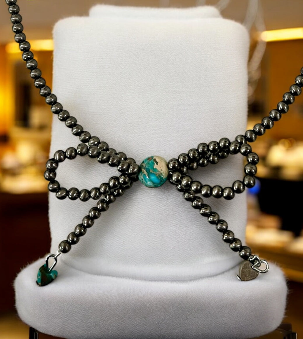 Handmade Bow Tiny 4mm Polish Navajo Bead & Gemstone Necklace, Adjustable 15"-20", 10mm739538 Rondelle & 6mm Heart Gemstones, Nickel Free