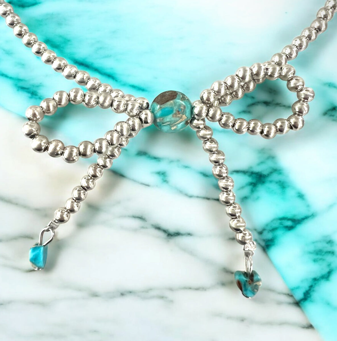 Handmade Bow Tiny 4mm Silver Navajo Bead & Gemstone Necklace, Adjustable 15"-20", 10mm Rondelle & 6mm Heart Gemstones, Nickel Free 739539