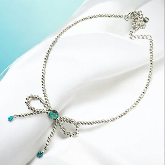 Handmade Bow Tiny 4mm Silver Navajo Bead & Gemstone Necklace, Adjustable 15"-20", 10mm Rondelle & 6mm Heart Gemstones, Nickel Free 739539