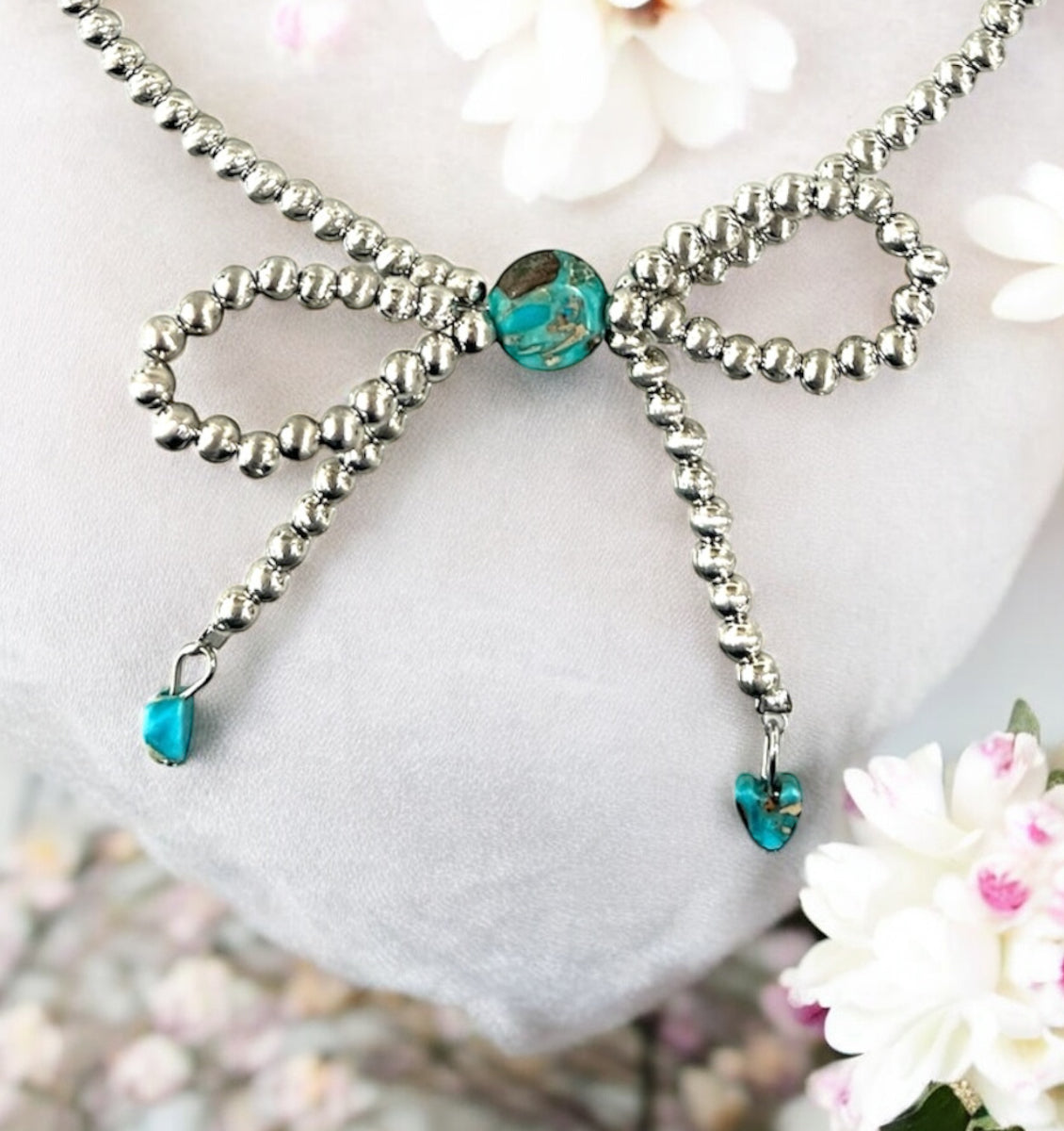 Handmade Bow Tiny 4mm Silver Navajo Bead & Gemstone Necklace, Adjustable 15"-20", 10mm Rondelle & 6mm Heart Gemstones, Nickel Free 739539