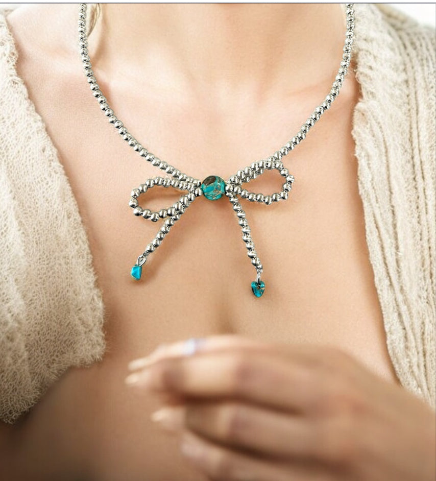 Handmade Bow Tiny 4mm Silver Navajo Bead & Gemstone Necklace, Adjustable 15"-20", 10mm Rondelle & 6mm Heart Gemstones, Nickel Free 739539