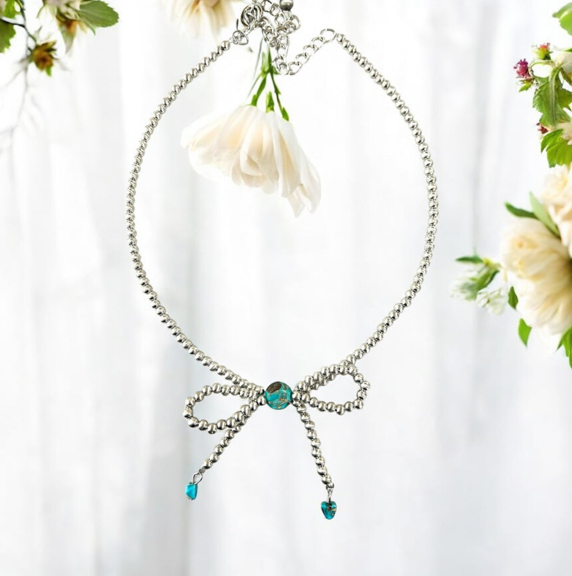 Handmade Bow Tiny 4mm Silver Navajo Bead & Gemstone Necklace, Adjustable 15"-20", 10mm Rondelle & 6mm Heart Gemstones, Nickel Free 739539