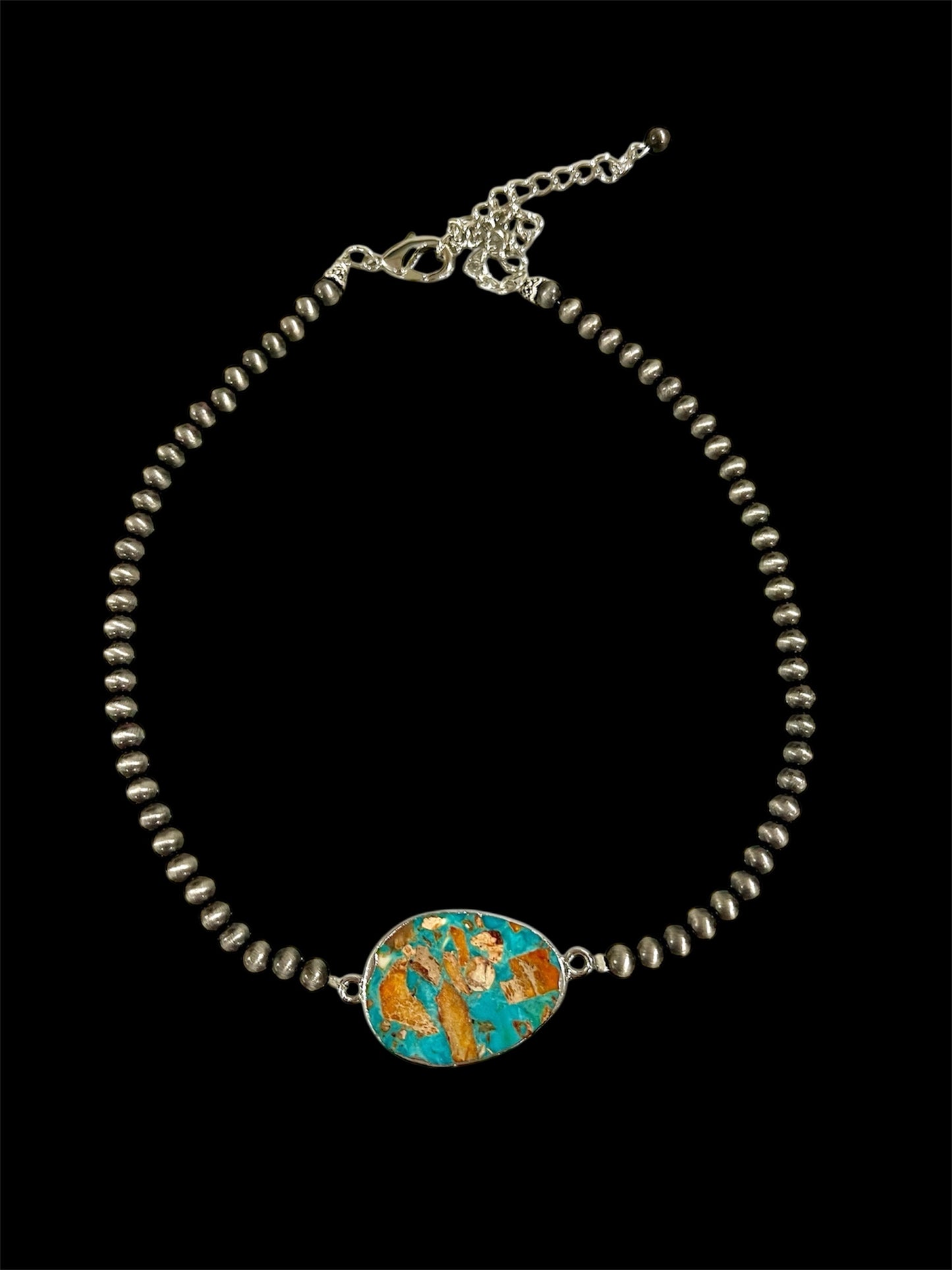 Handmade 6mm Navajo Bead Necklace with Bezel Gemstone Pendant, Western Boho Cowgirl Jewelry, Silver Bead Necklace739554