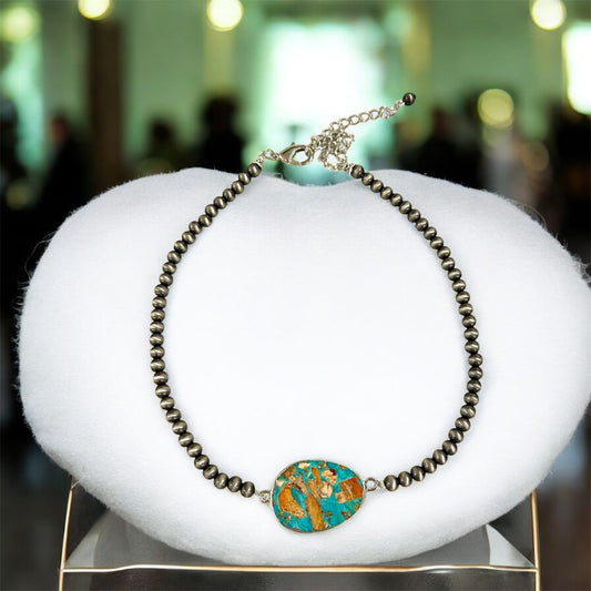 Handmade 6mm Navajo Bead Necklace with Bezel Gemstone Pendant, Western Boho Cowgirl Jewelry, Silver Bead Necklace739554