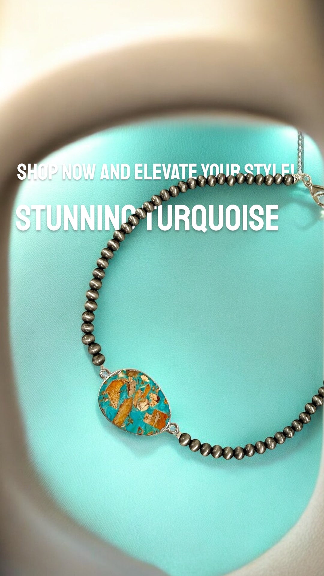 Handmade 6mm Navajo Bead Necklace with Bezel Gemstone Pendant, Western Boho Cowgirl Jewelry, Silver Bead Necklace739554