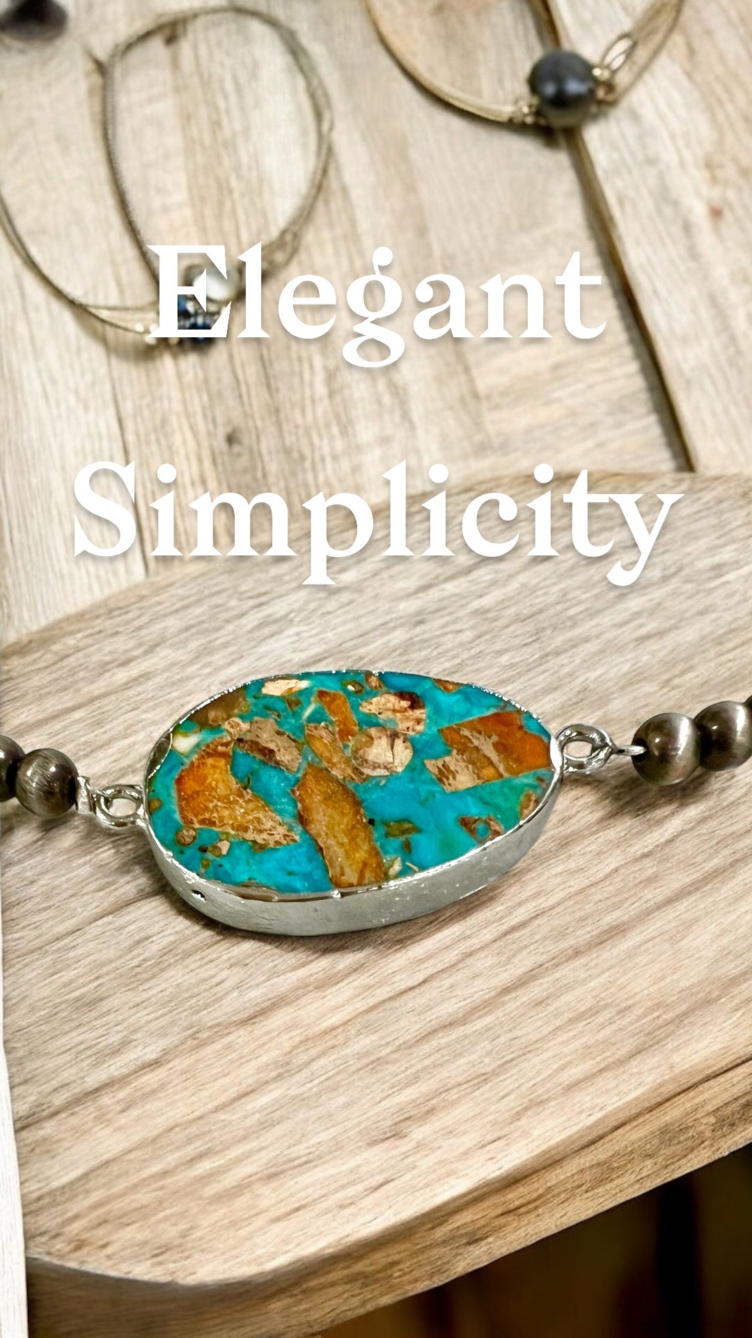 Handmade 6mm Navajo Bead Necklace with Bezel Gemstone Pendant, Western Boho Cowgirl Jewelry, Silver Bead Necklace739554